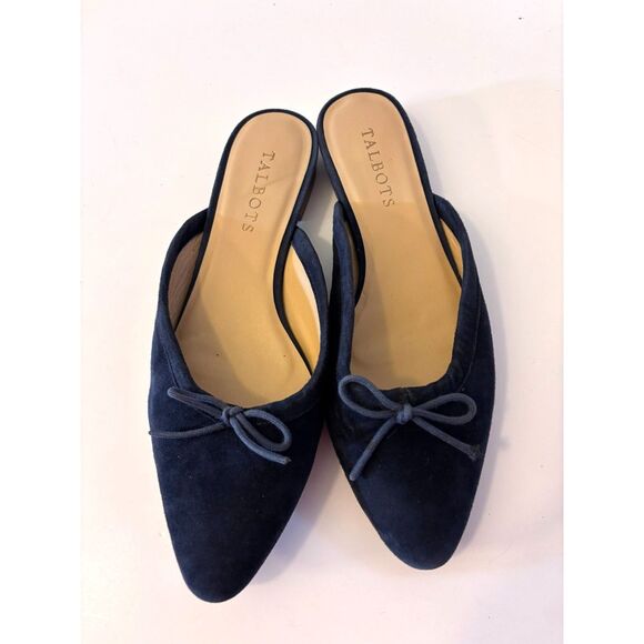 Talbots Shoes - Talbots Edison Indigo Navy Blue Suede Bow Mules Grandmillennial Balletcore Flats